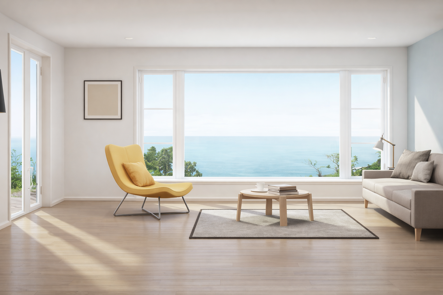 Modern living room with ocean view uPVC windows