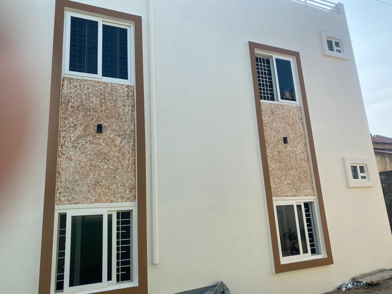 Modern Villa Facade uPVC Sliding Windows with Stone Clad Elevation